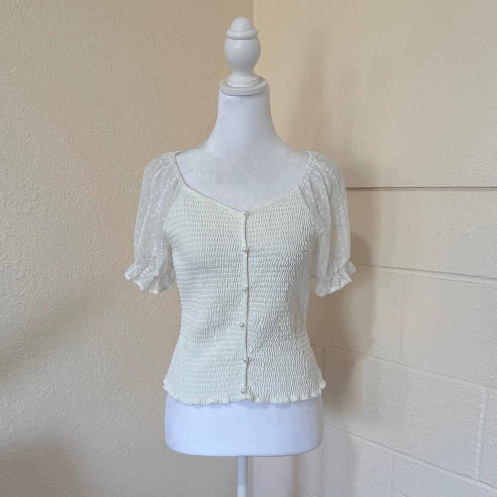 Ember Smocked Puff Sleeve Top Womens M White Coquette Cottagecore Victorian